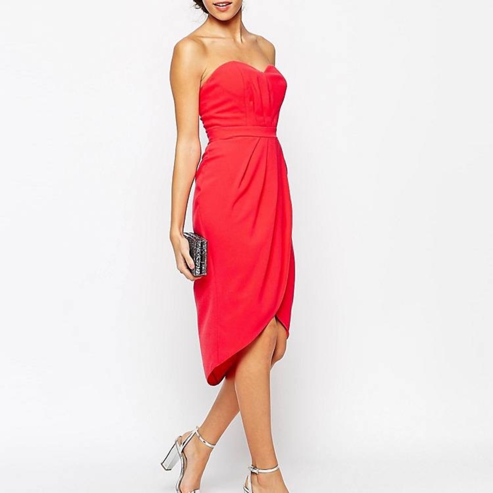 Elise Ryan Ruched Bandeau Midi Dress from ASOS, size 4 in red